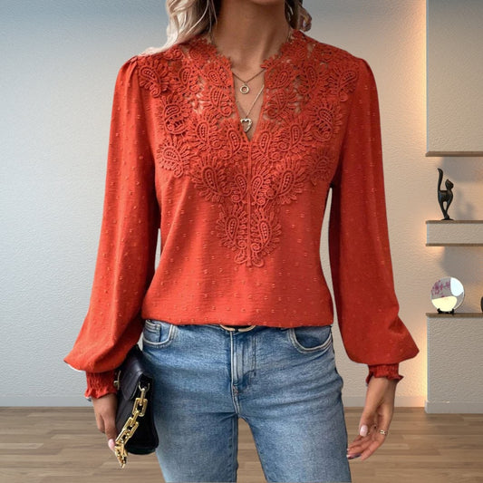 Lace V-Neck Long Sleeve Blouse for Women - Redwood