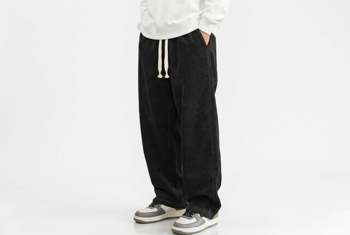Loose Fit Corduroy Baggy Trousers for Men - Black