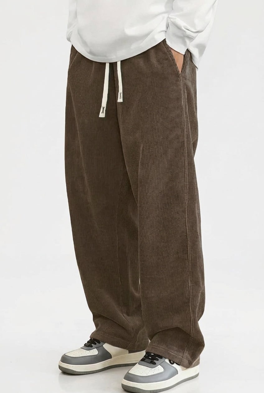 Loose Fit Corduroy Baggy Trousers for Men - Coffee