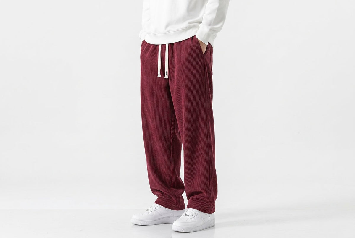Loose Fit Corduroy Baggy Trousers for Men - Wine Red