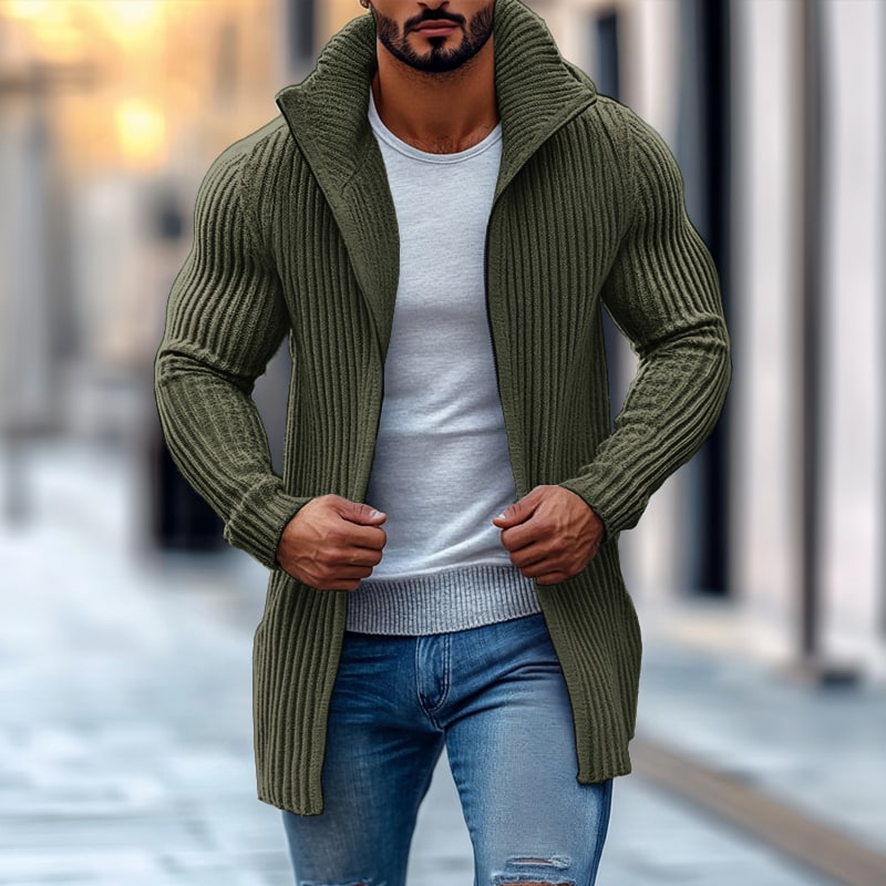 Men's Fashion Stand Collar Solid Striped Long Sleeve Mid-length Knit Cardigan 70689538Z - Army Green