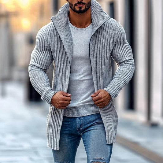 Men's Fashion Stand Collar Solid Striped Long Sleeve Mid-length Knit Cardigan 70689538Z - Gray