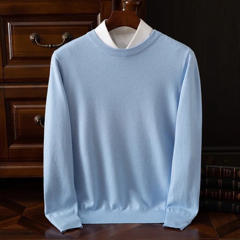 Men’s Merino Wool Sweater Long Sleeve Knit Pullover - Baby blue