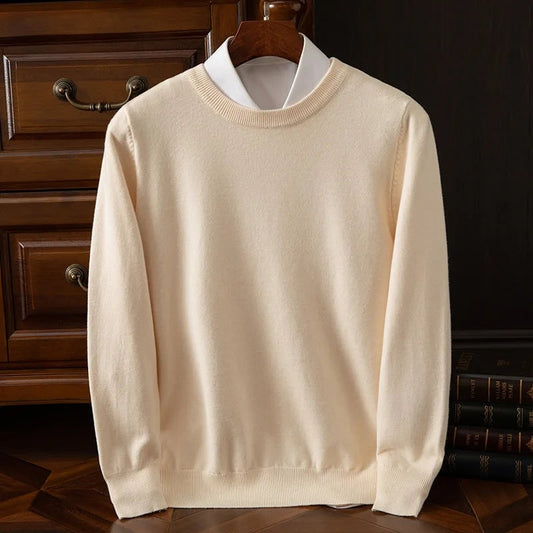 Men’s Merino Wool Sweater Long Sleeve Knit Pullover - Beige