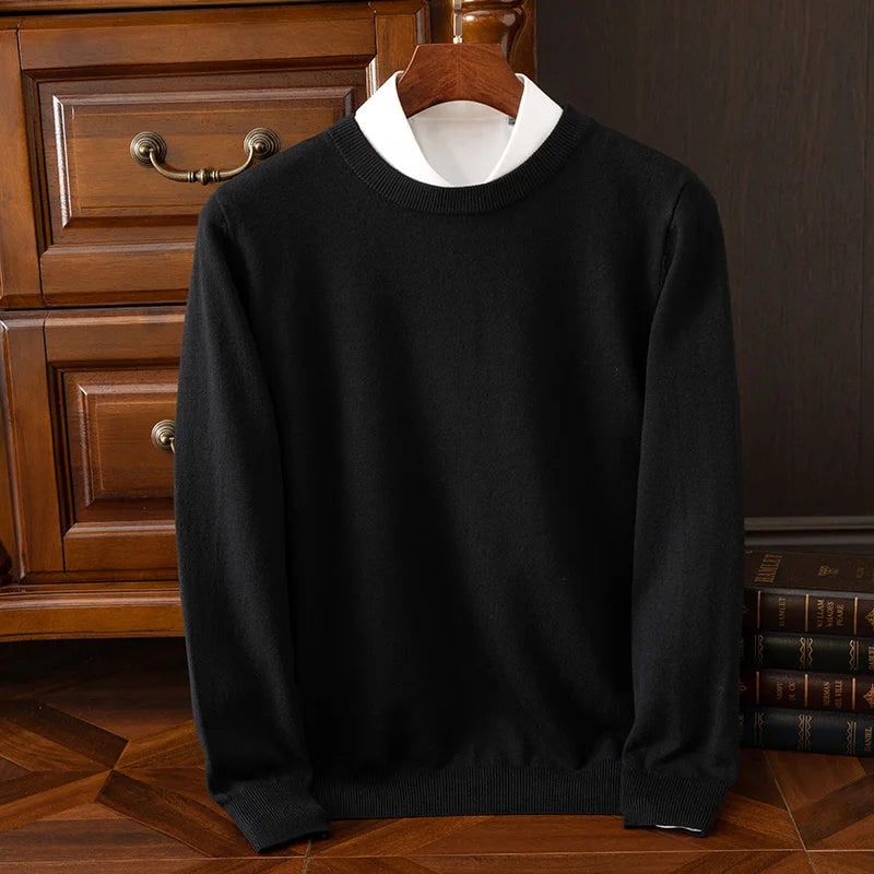 Men’s Merino Wool Sweater Long Sleeve Knit Pullover - Black