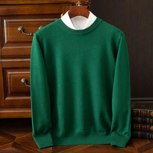 Men’s Merino Wool Sweater Long Sleeve Knit Pullover - Blackish green