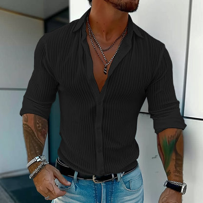 Men's Striped Long-Sleeve Shirt with Lapel Collar - Black
