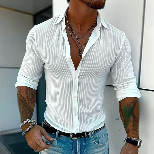 Men's Striped Long-Sleeve Shirt with Lapel Collar - White