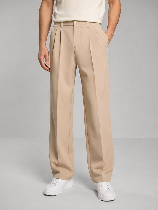 Men's Tailored Straight Leg Trousers - Smart Casual Fit - Beige