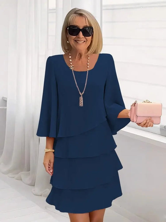 Mid Sleeve Ruffle Dress - Navy Blue