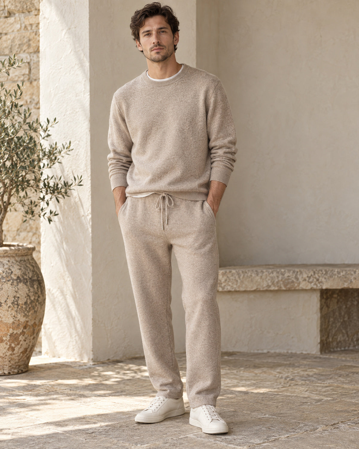Drawstring Knit Merino Wool Trousers for Men – on-model photo
