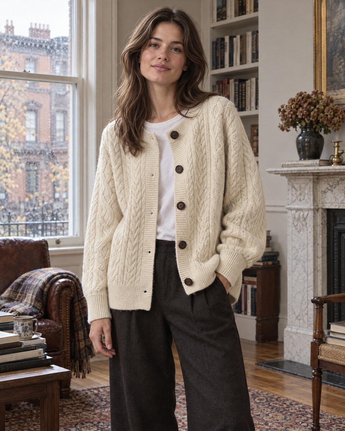 Cable Knit Button-Up Cardigan for Women – on-model photo