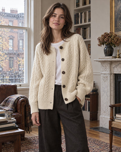 Cable Knit Button-Up Cardigan for Women – on-model photo
