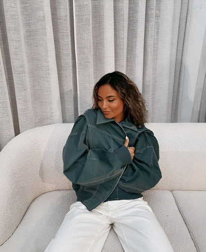 Oversized Structured Bomber Jacket for Women - Green