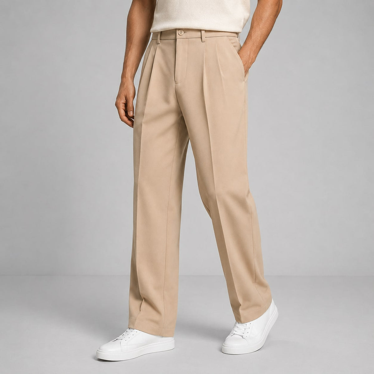 Pleated Tailored Straight-Leg Trousers for Men - Beige