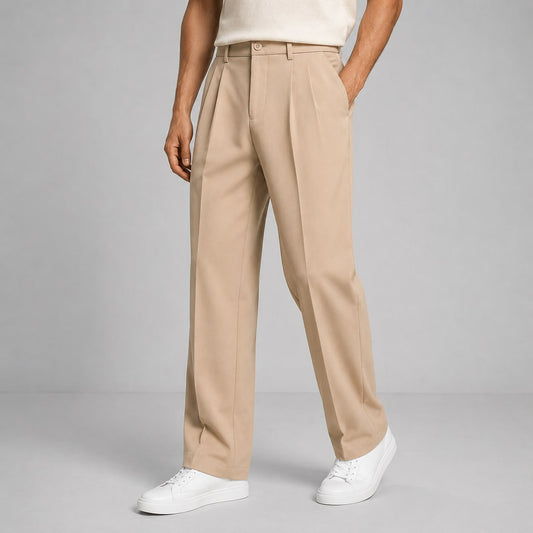 Pleated Tailored Straight-Leg Trousers for Men - Beige
