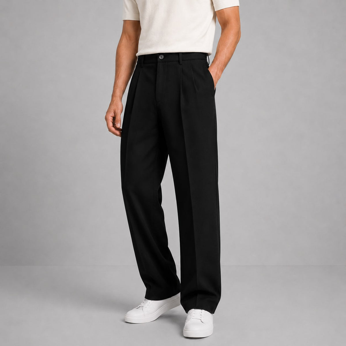 Pleated Tailored Straight-Leg Trousers for Men - Black