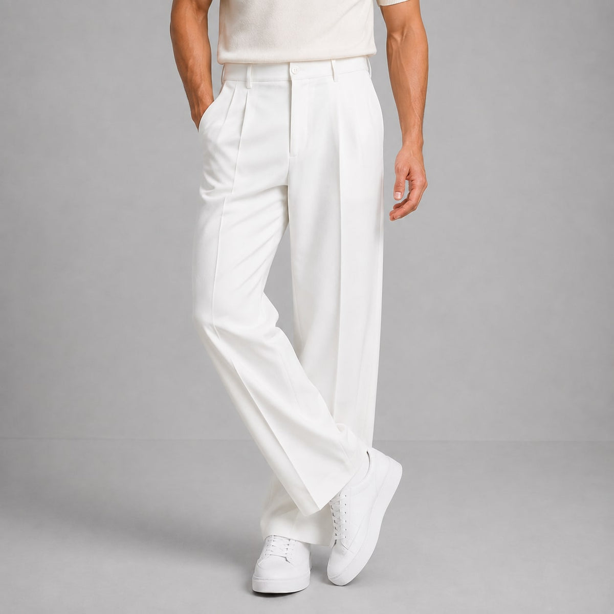 Pleated Tailored Straight-Leg Trousers for Men - White