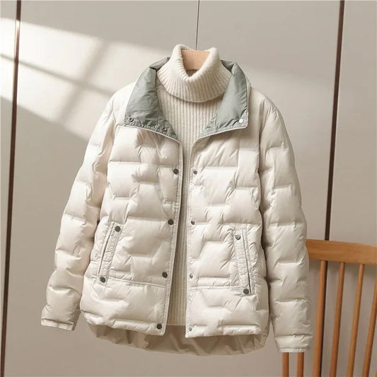 Quilted High-Neck Distinguished Puffer Jacket - Beige
