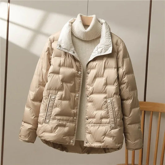Quilted High-Neck Distinguished Puffer Jacket - Khaki