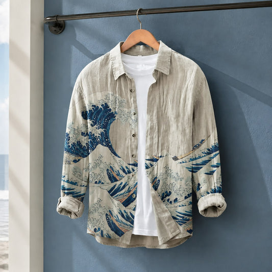 Relaxed Shirt - Beige Blue Wave