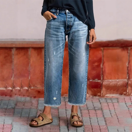 Retro Cropped Straight Jeans for Women - Classic Blue