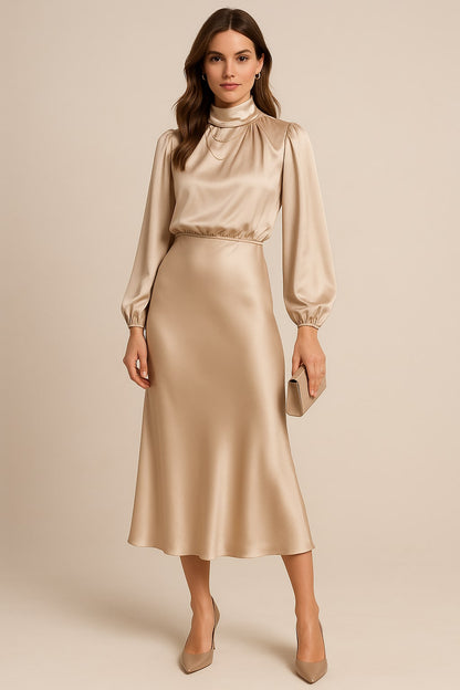 Satin Sweater Dress for Women - Beige