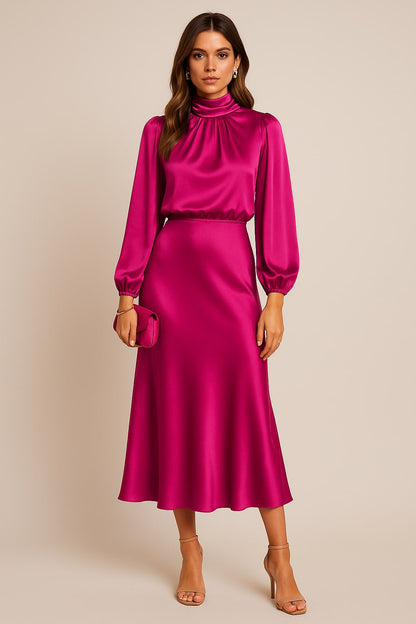 Satin Sweater Dress for Women - Rose Red