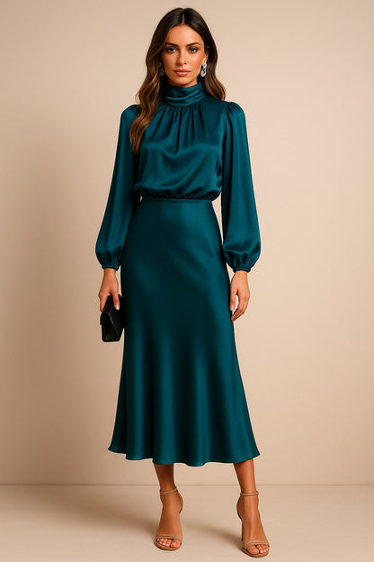 Satin Sweater Dress for Women - Teal