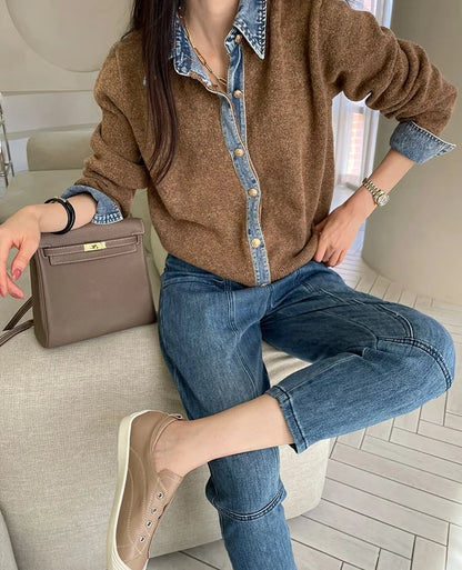 Sirena Denim Contrast Cardigan - Brown