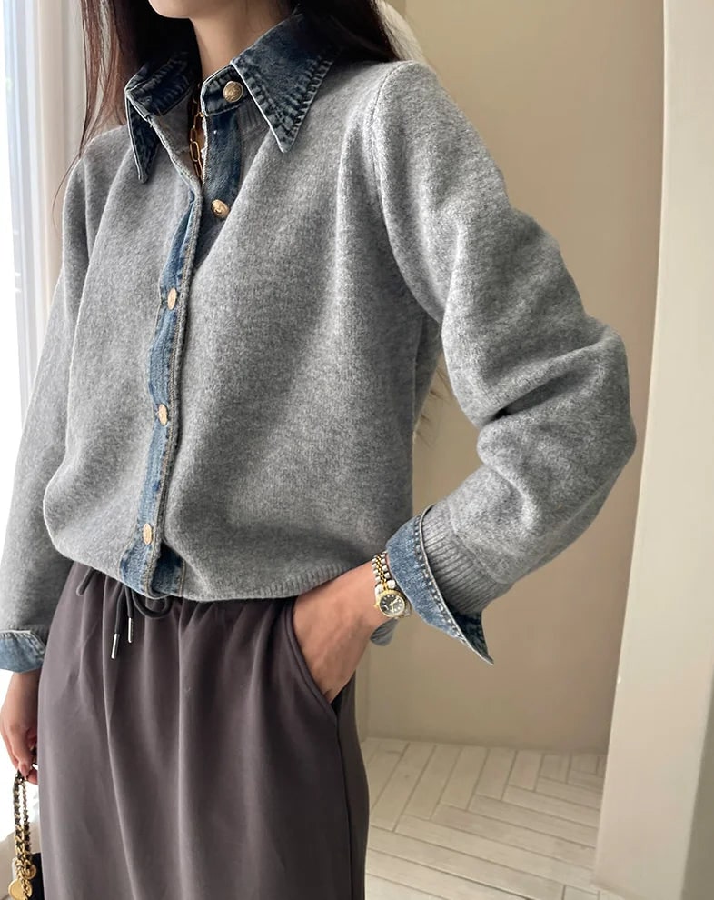 Sirena Denim Contrast Cardigan - Light Gray