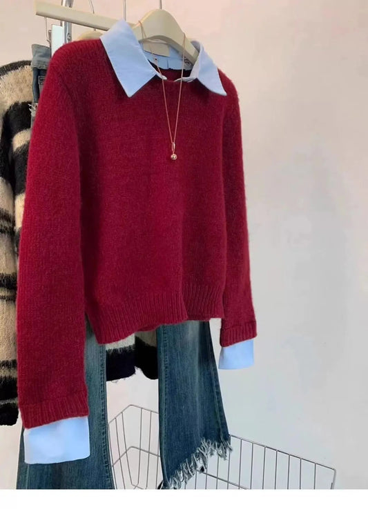 Sovana Layered Collar Sweater - Red