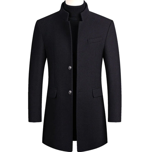Stand-Collar Tailored Overcoat for Men - Blue