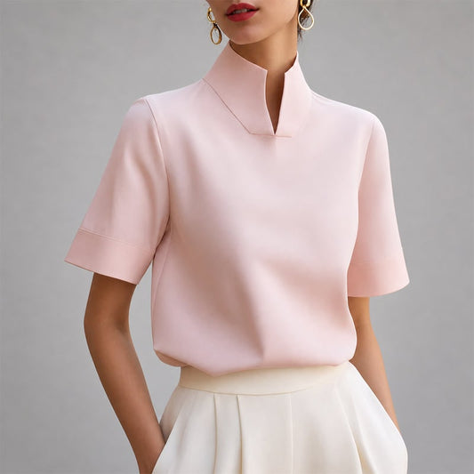 Stand Collar V Cut Short Sleeve Pullover Blouse for Women - Pink