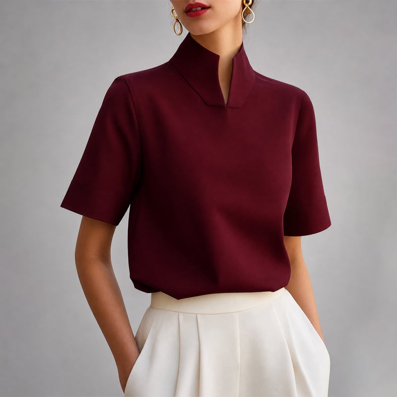 Stand Collar V Cut Short Sleeve Pullover Blouse for Women - Red