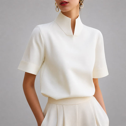 Stand Collar V Cut Short Sleeve Pullover Blouse for Women - White