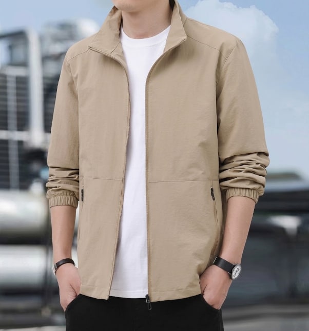 Stand-Collar Zip Bomber Jacket - Khaki