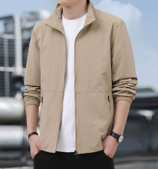 Stand-Collar Zip Bomber Jacket - Khaki