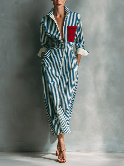 Striped Chest-Pocket Shirt Dress - Blue and White