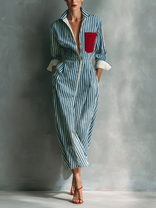 Striped Chest-Pocket Shirt Dress - Blue and White