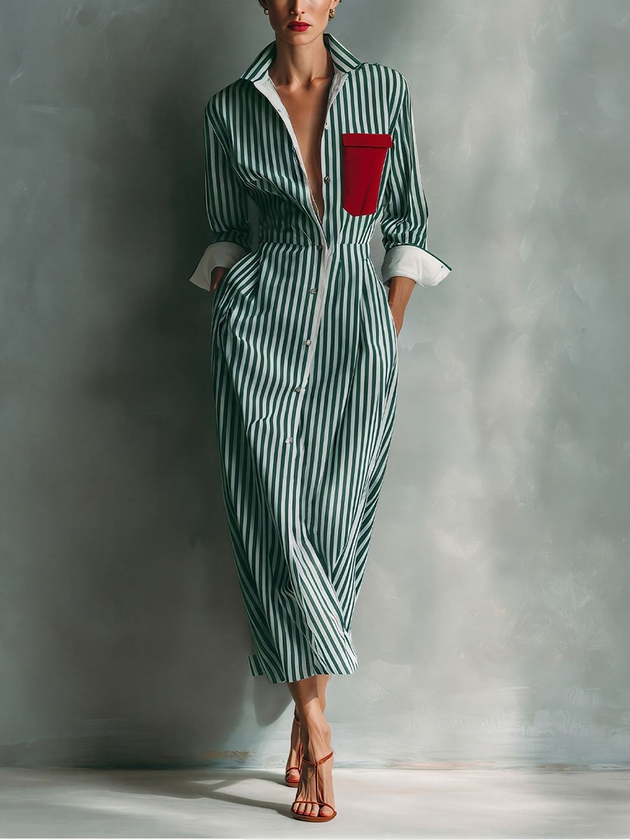 Striped Chest-Pocket Shirt Dress - Green and White