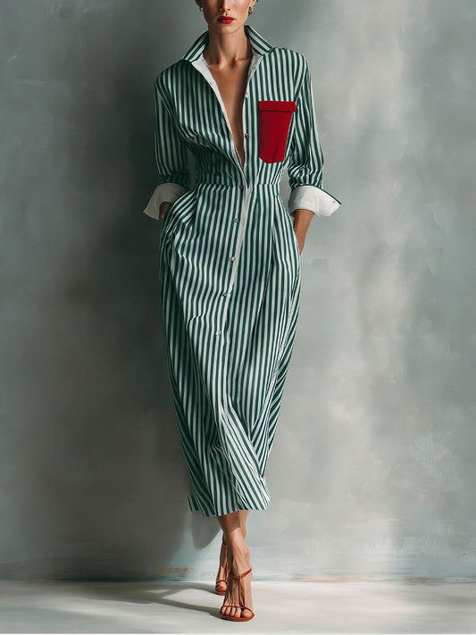 Striped Chest-Pocket Shirt Dress - Green and White