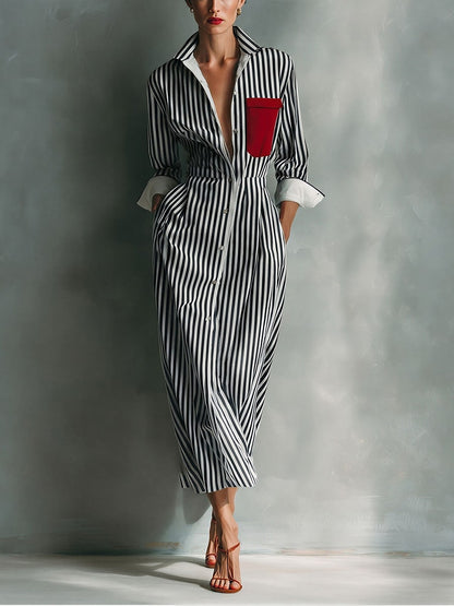 Striped Chest-Pocket Shirt Dress