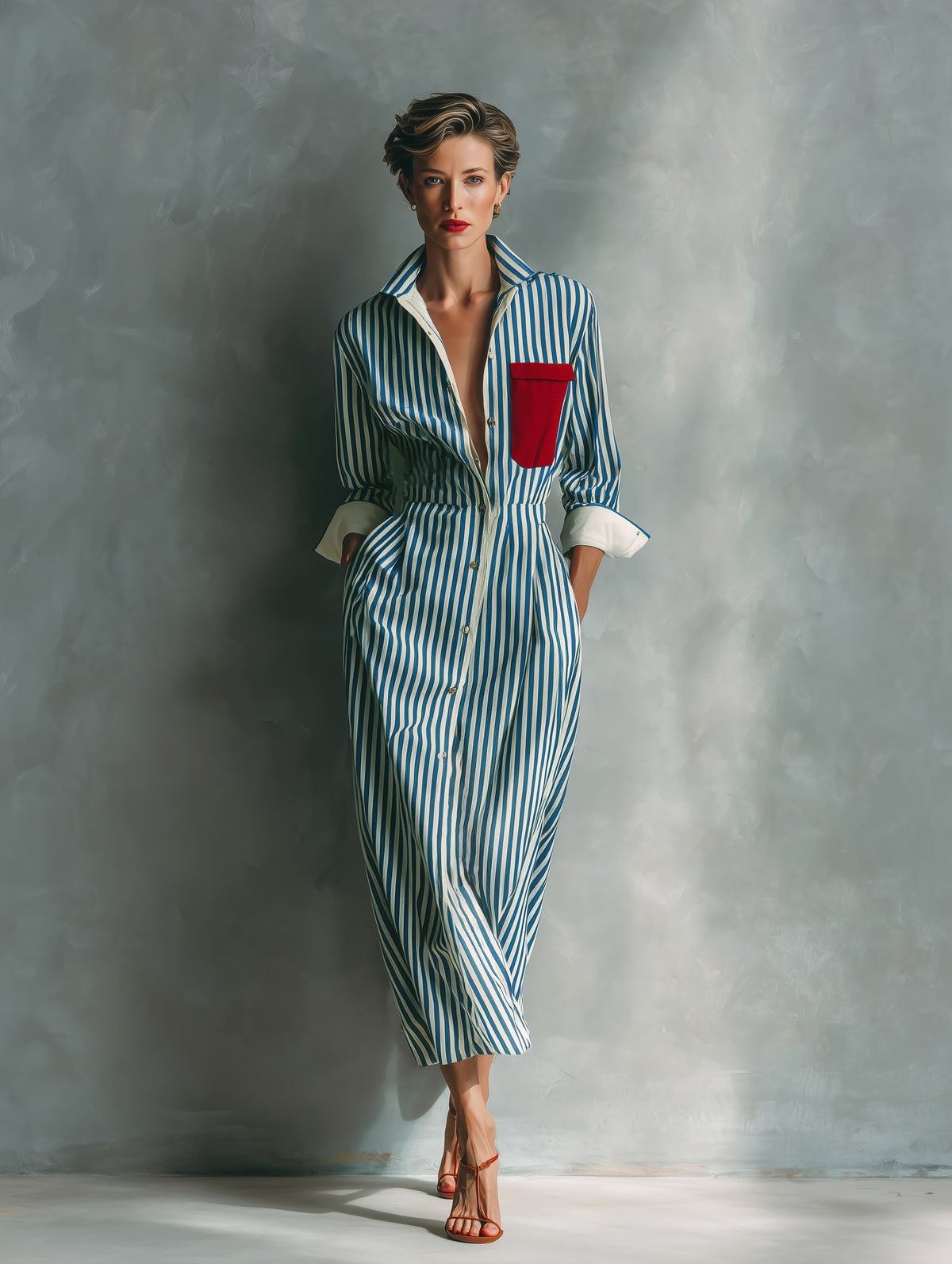 Striped Chest-Pocket Shirt Dress