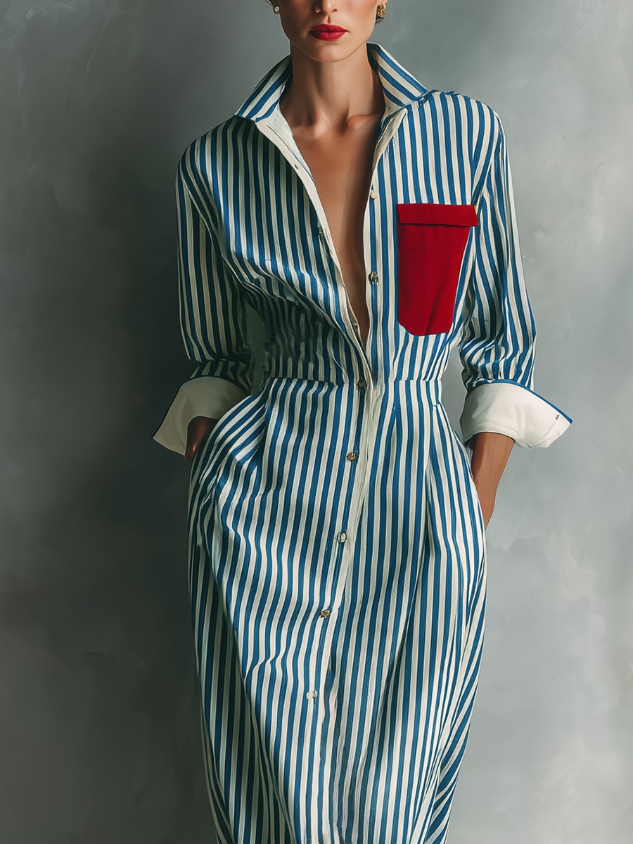Striped Chest-Pocket Shirt Dress