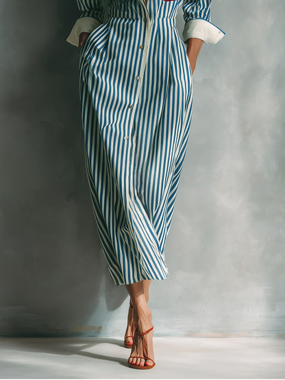 Striped Chest-Pocket Shirt Dress