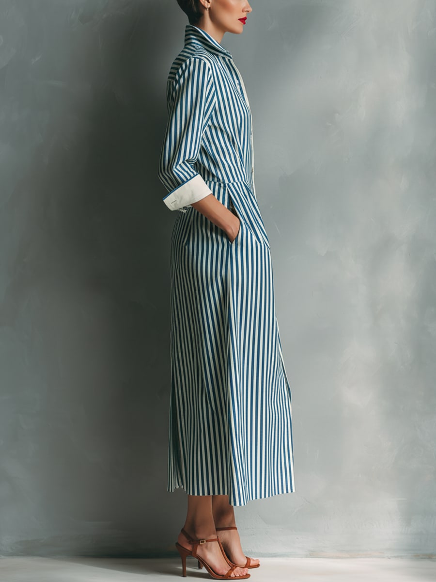Striped Chest-Pocket Shirt Dress