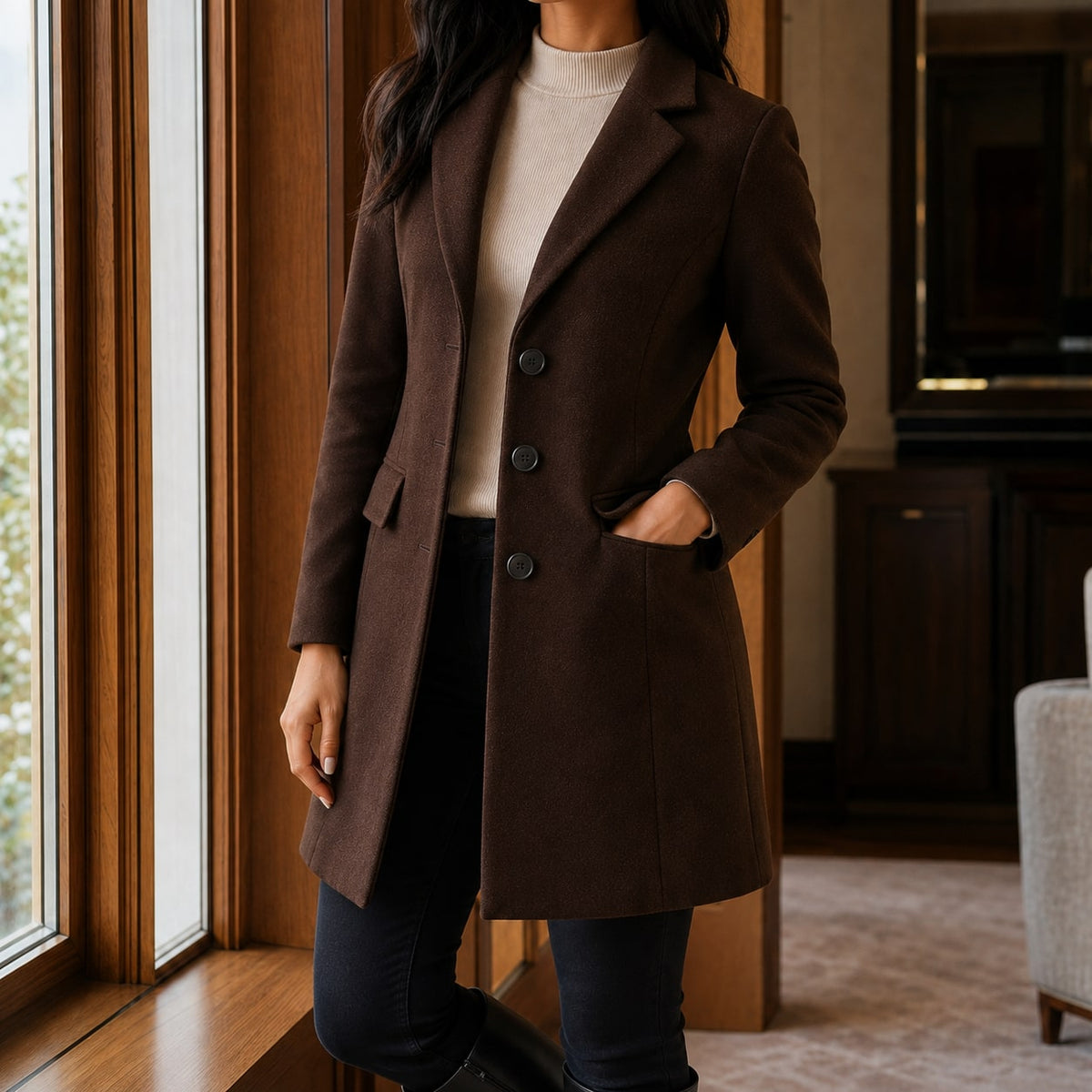 Tailored Coat for Women - Dark Brown