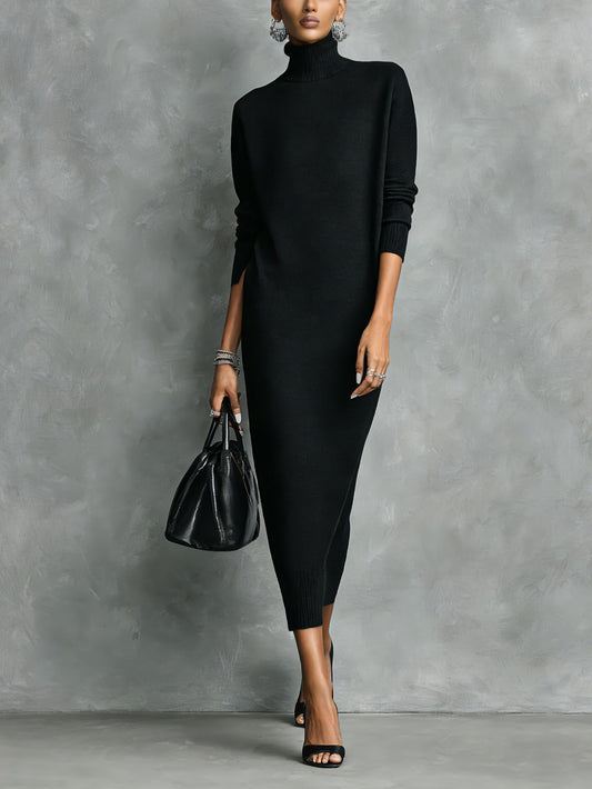Turtleneck Midi Sweater Dress - Black