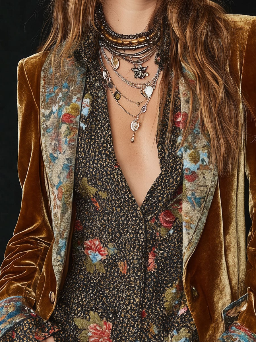 Vintage Floral Print Patchwork Blazer for Women